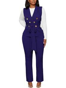 CALEBGAR Women's Business Suit 2 Piece Set, V Neck Sleeveless Belted Vest & Straight Leg Pants, Office Workwear Outfit - 紫色 - 查看 2