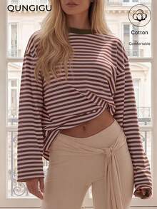 QUNGIGU Blusa feminina básica de manga comprida com gola redonda, estilo casual, solta e confortável para o outono. - Rosa - Ver 1