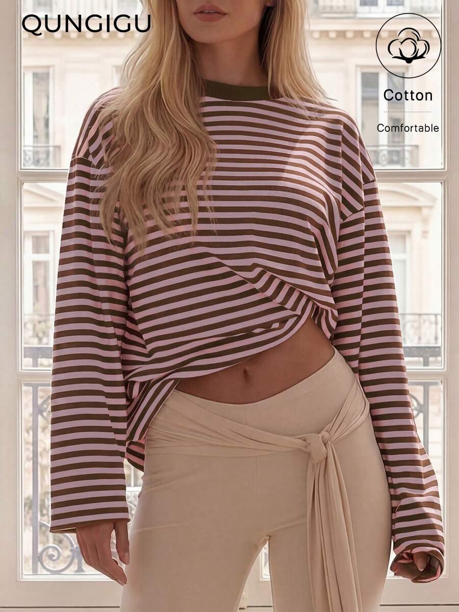 QUNGIGU Blusa feminina básica de manga comprida com gola redonda, estilo casual, solta e confortável para o outono. - Rosa - Ver 1