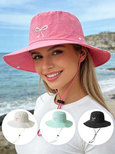 1pc Women's Cute Bow Embroidered Wide Brim Bucket Hat, UV Protection Sun Hat With Drawstring, Foldable For Summer Beach & Hiking
