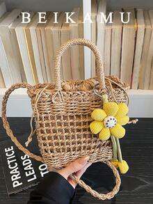 BEIKAMU New Khaki Woven Mesh Bag, Floral Decor Drawstring Tote Basket Bag, Handheld & Crossbody Versatile Beach Bag For Women - Khaki - View 6