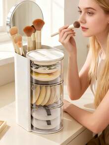 Rotating Makeup Brush Holder & Jewelry Storage Box With Dust-Proof Hairpin Compartment, Perfect For Organizing Necklaces, Earrings, Bracelets, Rings, Makeup Brushes, Hairpins, Hair Accessories And Daily Essentials, Multi-Functional Vanity Organizer, Desktop Storage Solution, Transparent Design For Easy Visibility, Bedroom Dresser Organization, Cosmetics Display Stand - Multicolor - View 4
