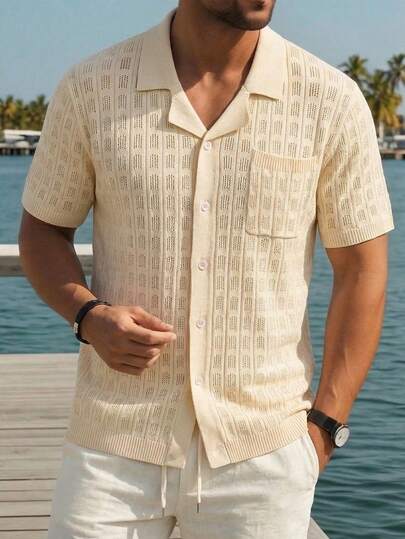 1pc Men's Khaki Open Cardigan, Vacation Style, Hollow-Out Cotton Ribbed Knit Stand Collar Sweater, Breathable Cooling Knit Fabric, Retro Vacation Style Short Sleeve Top, Ideal For Summer Beach Vacation