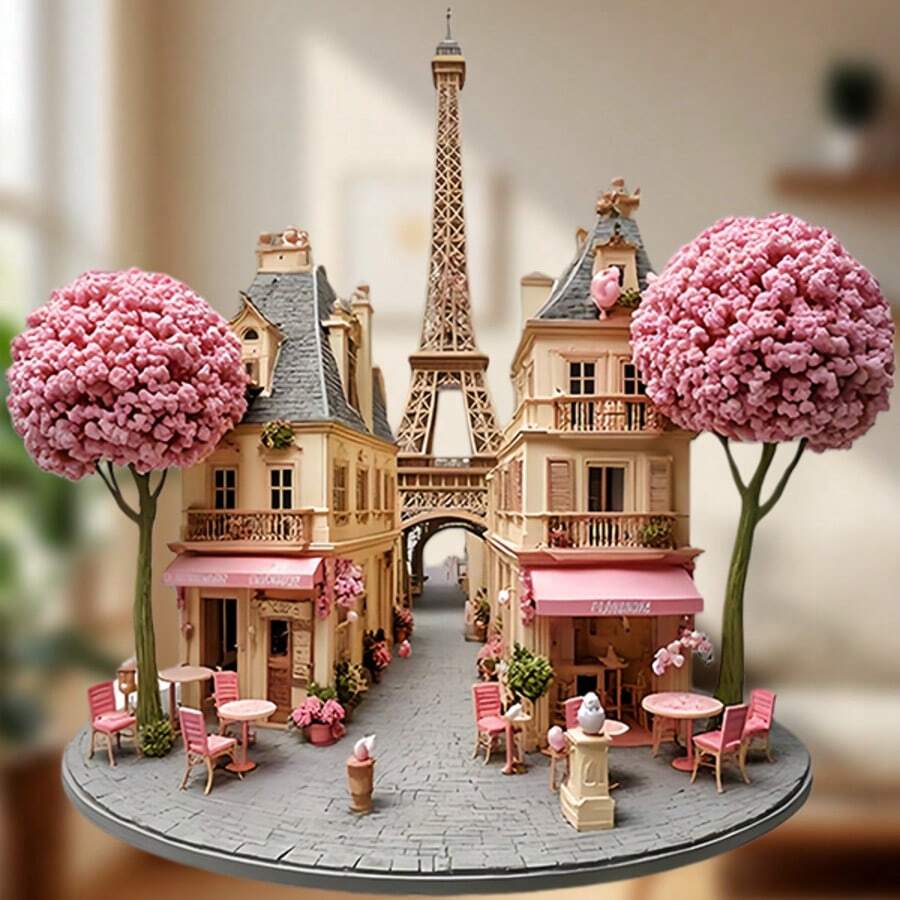 Mùa xuân Paris: Nam châm dán tường 3D hình đường phố hoa anh đào, với con đường rợp bóng hoa anh đào, ghế quán cà phê, kiến trúc Haussmann và tháp Eiffel thu nhỏ - Mang một chút không khí mùa xuân Paris đến tủ lạnh của bạn. - E - Xem 1