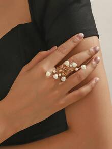 2pcs Fashionable Minimalist White Flower Open Ring, Suitable For Daily Wear - X1794 + Plain Ring - View 4