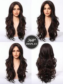 Long Wavy Wigs Dark Brown Mix Brown Highlight Wig Medium Part Water Wave Hair For Women Synthetic Hair Heat Resistant For Daily Natural Appearance Party Cosplay Use-24-Inches Suitable For Fashionable Women - Brown Highlight - View 6