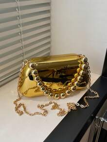 前卫亮金色女士手拿包，硬盒形晚宴包，钱包，串珠手柄，金属链条肩带，女士礼物，适合派对、节日和宴会 - 金色 - 查看 12