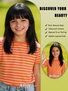 儿童夹式刘海假发 - 耐热合成纤维，加厚设计，发量丰盈，佩戴方便，适合日常、节日、派对等场合。（黑色/深棕色/浅棕色） - 彩色 - 查看 5