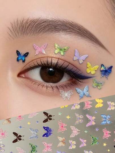 1张全息蝴蝶脸贴！彩色渐变蝴蝶+星星装饰，内置梦幻滤镜，适用于脸部和指甲，轻松打造甜美活力风，拍摄成功率高！Y2K、Kpop、水钻闪粉、嘉年华、脸贴、3D贴纸、脸部宝石、装饰贴纸