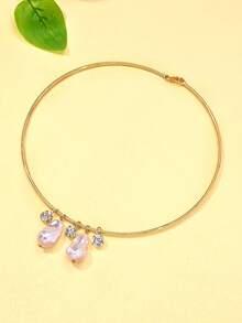 1pc Fully Paved Crystal & Cultured Pearl Open Collar Necklace, Elegant For Banquet & Party - Gold - View 3