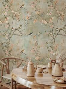 Giấy dán tường hoa anh đào phong cách Chinoiserie với chim và hoa, nền màu pastel nhẹ nhàng, tranh dán tường thực vật trang nhã. - A - Xem 3