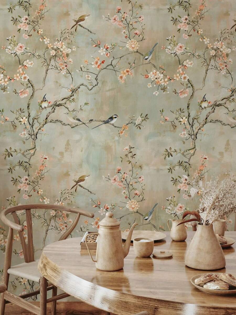 Giấy dán tường hoa anh đào phong cách Chinoiserie với chim và hoa, nền màu pastel nhẹ nhàng, tranh dán tường thực vật trang nhã. - A - Xem 1