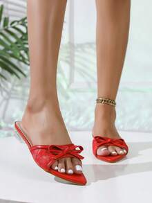 2026 Summer New White Lace Bow Tie Slippers, Pointed Toe Transparent Crystal Low Heel Slip-On Sandals For Women - Red - View 4
