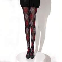 Women Argyle Plaid Mesh Tights High Waisted Preppy Sheer Stockings Slim Plaid Retro Pantyhose Lingerie Hosiery - 黃咖啡 - 查看 7