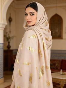 1pc Women's Fashion Rose Gold Feather Print Scarf/Headscarf, Suitable For Daily Wear - Khaki - View 5