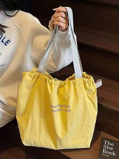 2026 New Drawstring Large Capacity One Shoulder Canvas Bag, Japanese Letter Nylon Handbag Tote Bag For Commuting