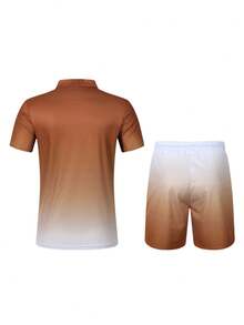 2 件套男士休闲度假装，夏季亮色花卉印花拉链领 Polo 衫 + 短裤套装，舒适装 - 銅色 - 查看 3