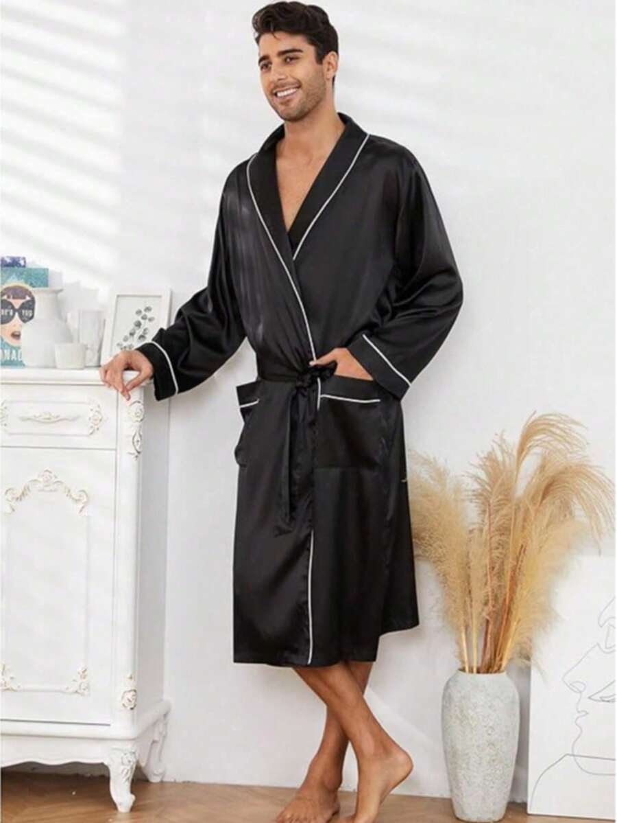 1 chiếc áo choàng tắm nam bằng satin nhẹ, áo choàng kimono lụa cao cấp dành cho nam, áo choàng tắm thắt eo bằng lụa băng giá có ve áo. - Nhiều màu - Xem 1