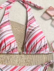 Set bikini cu legături la spate, mărime plus, cu fustă boemă semi-transparentă cu dungi, costum de baie sexy elastic, roz, pentru vacanță, plajă, vară - Roz - Vizualizare 3
