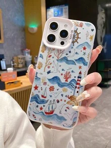 1pc Fashion Wave Boat Star Graphic Design With Independent Button IMD Shockproof Anti-Slip White Phone Case Compatible With IPhone 16 ProMax/16/16 Pro/16 Plus/15/15 ProMax/15 Pro/11/12/13/14 ProMax/11 Pro/11 ProMax/12 Pro/12 ProMax/13 Pro/13 ProMax/14 Pro/14 ProMax, Elegant Creative - Multicolor - View 3