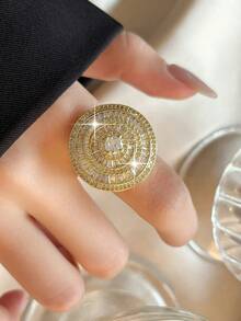 jealous young 1 pieza Anillo grande y redondo de fantasía con circonita cúbica para mujer, para boda, compromiso, fiesta, joyería, regalo del Día de San Valentín, mamá, madre, Día de la Madre - Amarillo Oro - Ver 2