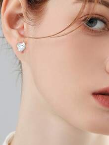 1 Pair S925 Sterling Silver Hypoallergenic Sparkling Heart Cubic Zirconia Stud Earrings, Elegant Petite Versatile Earrings, Suitable For Daily Wear, Vacation, Valentine's Day, Birthday Gift For Women - Silver - View 4