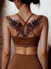 2pcs Fashionable Cool Temporary Tattoo Stickers, Couple Tattoo, Black Fake Tattoo, One-Time Use Tattoo, Wing, Rose, Flower Pattern, Waterproof, Non-Reflective, Easy To Apply And Remove, Highly Realistic, Suitable For Men Or Women On Chest, Leg, Arm, Waist, Abdomen, Foot, Music Festival Party Supplies,Sketch Style - Black - View 3