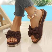 Women's Platform Wedge Sandals, Bowknot Slip-On Thick Sole Slippers, Summer Sandals - Coffee Brown - View 15