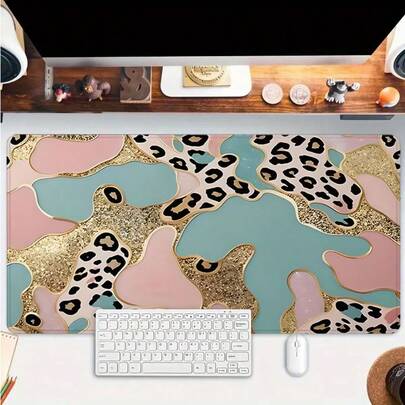 1pc Pink Gold Leopard Large Gaming Mouse Pad,Marble Texture Extended Desk Mat,Office Desk Accessories Non-Slip Stitched Edge Computer Mat ,Rubber Base Laptop Keyboard Pad For Home Office & Gamer,Durable And Spill-Resistant