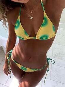 Bộ bikini buộc dây hở lưng, cổ yếm, nhuộm tie-dye thanh lịch, thích hợp cho bãi biển và kỳ nghỉ. - Nhiều màu - Xem 2