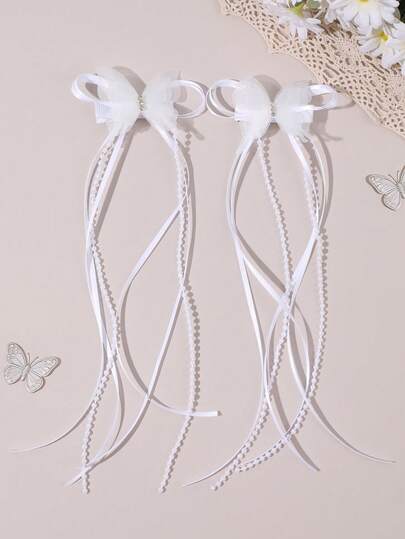 2个白色蝴蝶装饰发夹，女士长款丝带蝴蝶结鳄鱼夹，精致珍珠链装饰发夹，优雅度假/婚礼发夹，春季蝴蝶发卡，女士发饰