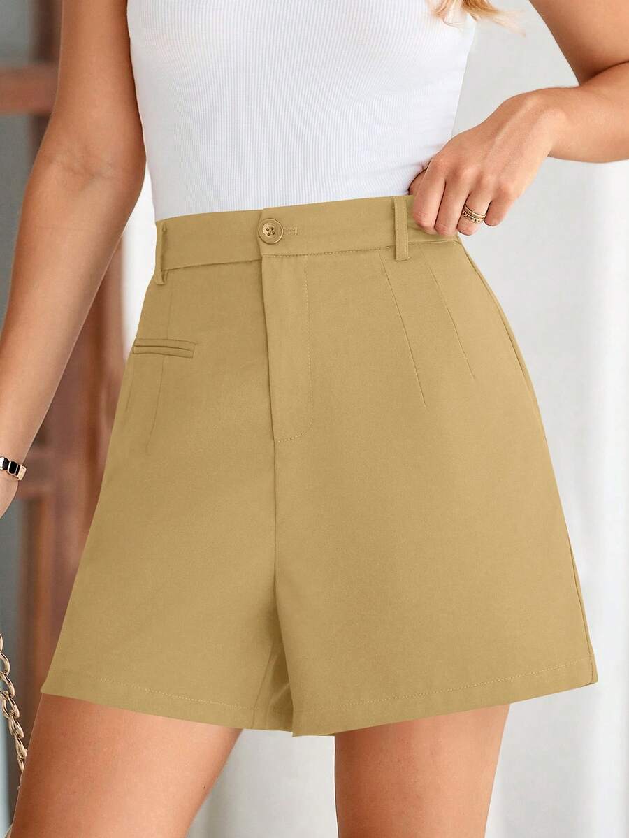 Women's Summer Shorts Fashion Elastic High-Waisted Wide-Leg Business Casual Formal Shorts With Pockets Shorts For Women - 棕黃色 - 查看 1