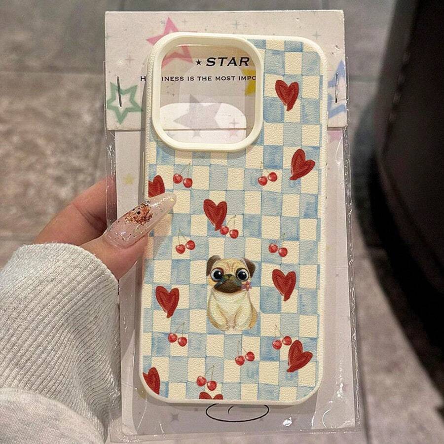 1 pieza Funda de teléfono suave y protectora contra caídas con cobertura completa, compatible con iPhone 17 Pro Max/17/16 Pro Max/15/13/12/11, S20 FE/A15/S24/A55, Note 11/Note 12/Note 13 Pro, de material TPU con diseño a cuadros azul y blanco con corazón y carlino, versión internacional, no la versión nacional - Blanco - Ver 1