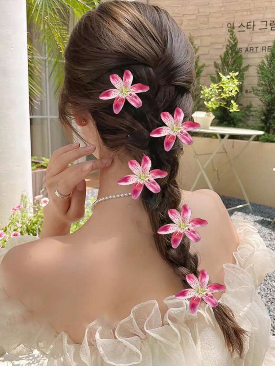5 piezas Clips para el cabello con flores de lirio de diseño dulce - Rosa - Ver 1