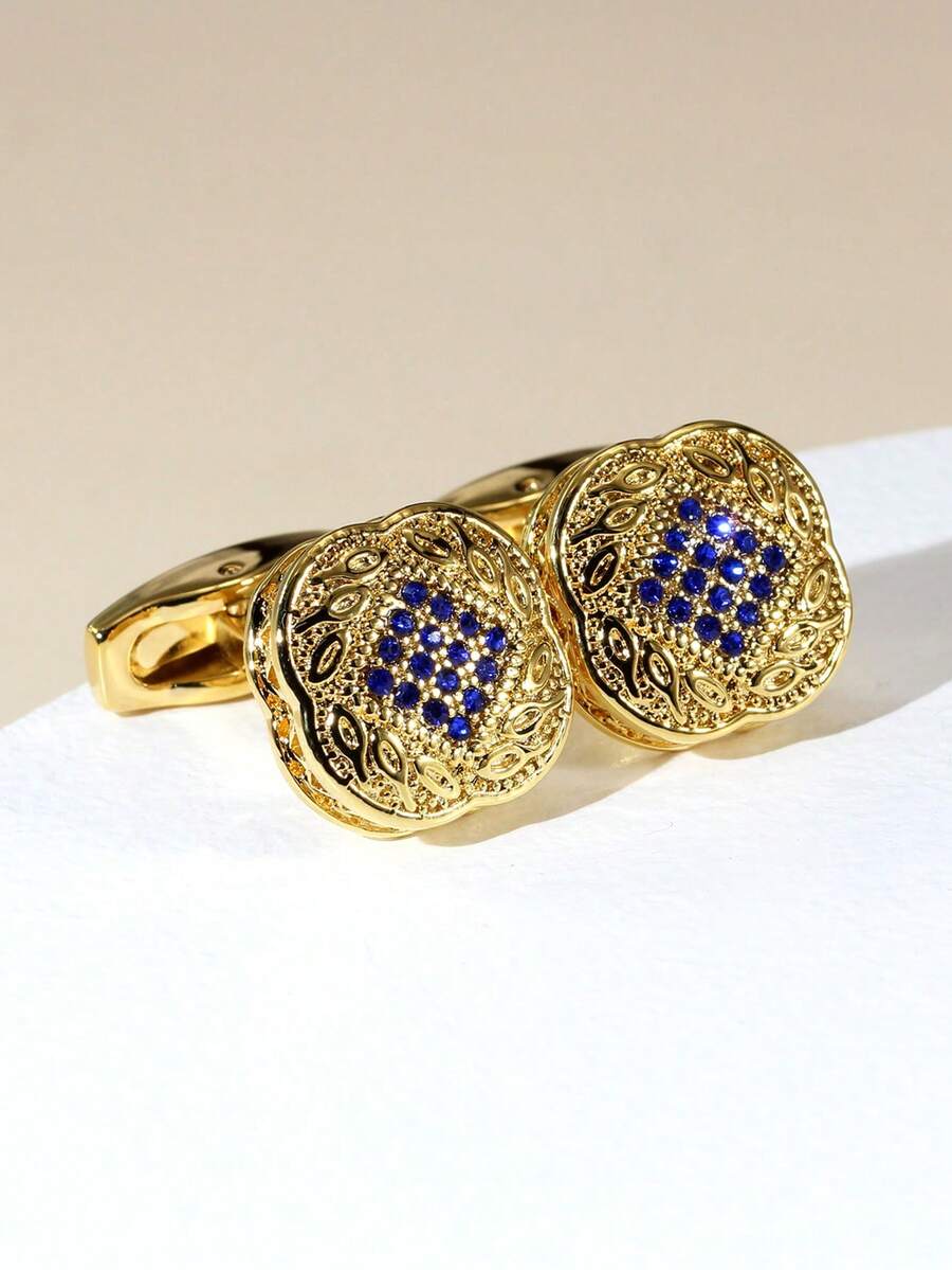 1 Pair Exquisite Engraved Rhinestone Copper Cufflinks For Men - Yellow Gold - View 1