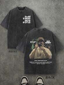 Bad Rabbit "DeBi TiRAR Más FoToS" Camera Portrait Vintage Washed T-Shirt Double Sided Printed (230g 100% Cotton T-Shirt),Spring Clothes, Women's Tops, Casual And Comfortable, Fashionable T-Shirt, Unisex Style,Summer Outfits,Vacation Outfits Women,Summer Outfits For Women,Spring Outfits For Women,Summer Tops,St Pattys Day Outfit,Easter Outfit Women - 黑色 - 查看 1