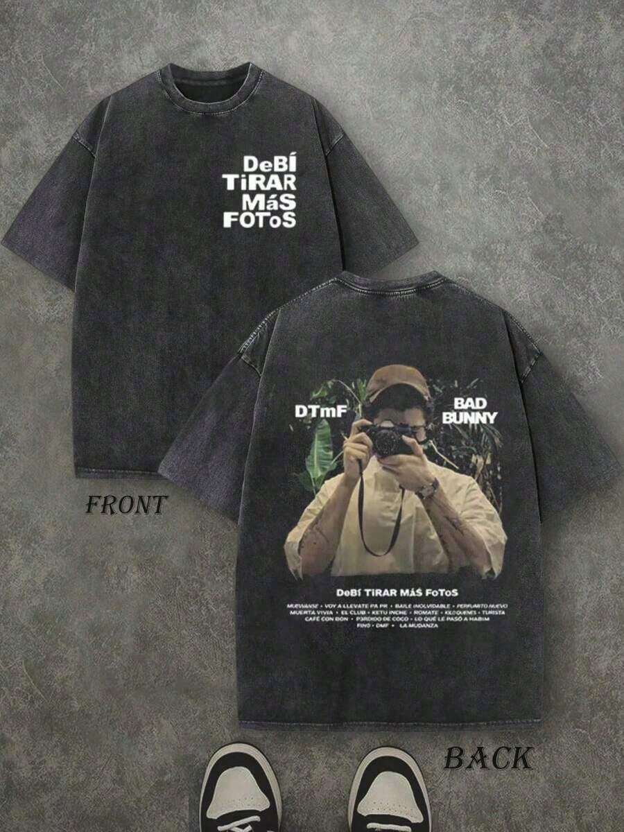 Bad Rabbit "DeBi TiRAR Más FoToS" Camera Portrait Vintage Washed T-Shirt Double Sided Printed (230g 100% Cotton T-Shirt),Spring Clothes, Women's Tops, Casual And Comfortable, Fashionable T-Shirt, Unisex Style,Summer Outfits,Vacation Outfits Women,Summer Outfits For Women,Spring Outfits For Women,Summer Tops,St Pattys Day Outfit,Easter Outfit Women - 黑色 - 查看 1