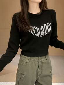 Áo thun crop tay dài vai thường, thiết kế retro ngọt ngào và quyến rũ dành cho nữ, thích hợp mùa thu/đông. - màu đen - Xem 6