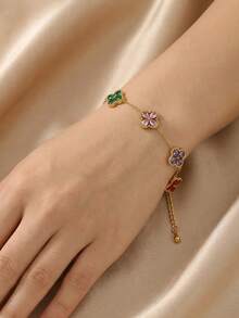 1elegant Stainless Steel Bracelet With A Colorful Floral Design Can Be Perfectly Matched With Both Work Clothes And Evening Outfits - Gold - View 2