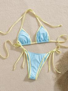 春假女士撞色性感吊带比基尼沙滩度假泳衣套装 - 彩色 - 查看 4