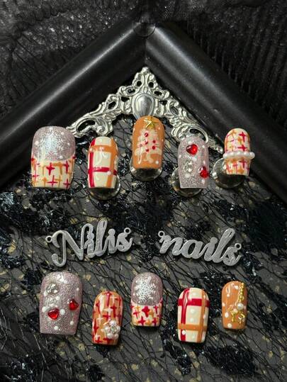 10pcs AcrylicPress On Nails Square Nails, Various Colors Of Nails Including Pink And Light Brown, White French Nails, Hand-Painted Red And Light Brown Lines, Christmas Tree&Snowflake Patterns&Polka Dot Geometric Patterns, 3D Heart-Shaped Red Diamonds&White Pearls&Golden Starfish Nail Accessories