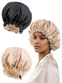 2件装缎面丝绸卷发睡帽，编织睡帽，可调节大号双层女士睡帽 - 顏色 - 查看 13