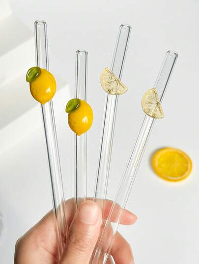 2/4支装卡通可重复使用玻璃吸管，饰以黄色柠檬/柠檬片图案，防碎弯曲透明玻璃吸管餐具套装，适用于厨房、吸管装饰、冷饮、奶茶、咖啡、果汁、冰沙、酒吧、家居、餐厅、单身派对用品、迎婴派对、婚礼、鸡尾酒会、返校季、送给男女朋友、父母、朋友的趣味礼物、节日用品、夏季、夏威夷风情、毕业季、复活节礼物