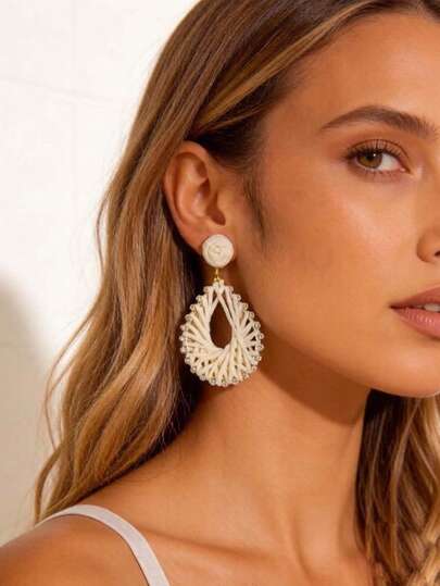 imoli 1 Pair Bohemian Raffia Sunflower Metal & Polyester Geometric Oval Earrings, Suitable For Women In Summer, Beach Vacation, Festival Party, Jewelry Gift For Friends