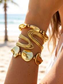 imoli 3 件时尚夸张不对称 CCB 几何线环串珠粗款珠宝手链和袖口套装 - 彩色 - 查看 13