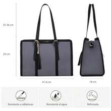 Bolsa Tote para Laptop de Mujer 17" Cuero PU Impermeable y Lona Premium Compartimento Acolchado y Gran capacidad Ideal para Negocios Oficina Universidad y Uso Diario Estilo Elegante y Profesional - Gris con Negro - Ver 4
