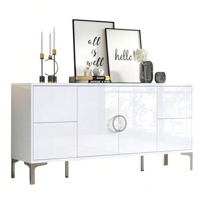 150*38*59,5 cm skänk, vardagsrumsskåp med 4 lådor, 2 skåpdörrar, matrumsskåp, högblankt skänk, byrå med metallfötter, breda handtagslösa lådor, vit, MDF