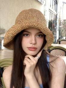 1 女士时尚草帽，户外沙滩遮阳帽，编织渔夫帽，夏季沙滩度假遮阳帽，可折叠大檐遮阳帽 - 彩色 - 查看 4