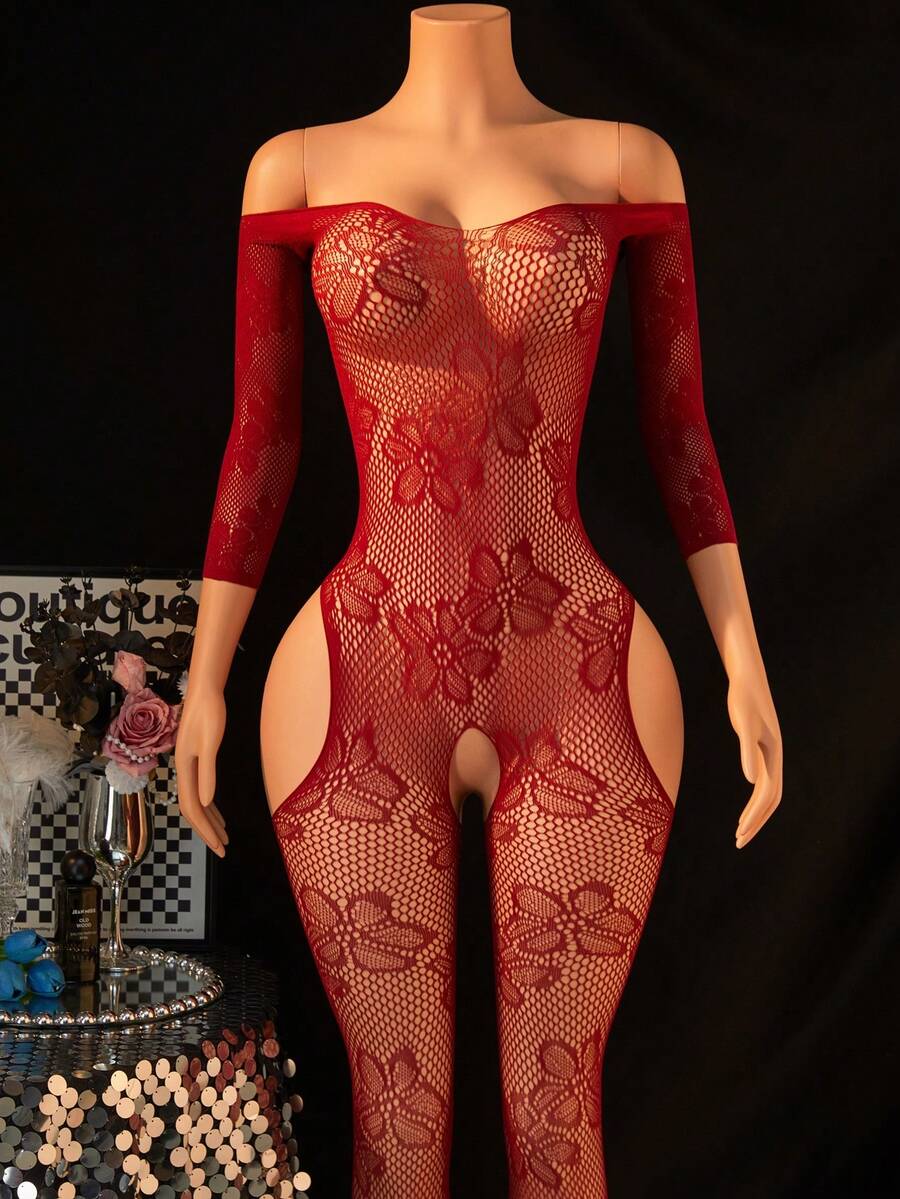 Women's Off Shoulder Sexy Lingerie Alluring Floral Pattern Decoration Bodysuit Erotic Open Crotch Backless Bodycon For Private Club Party - Red - View 1