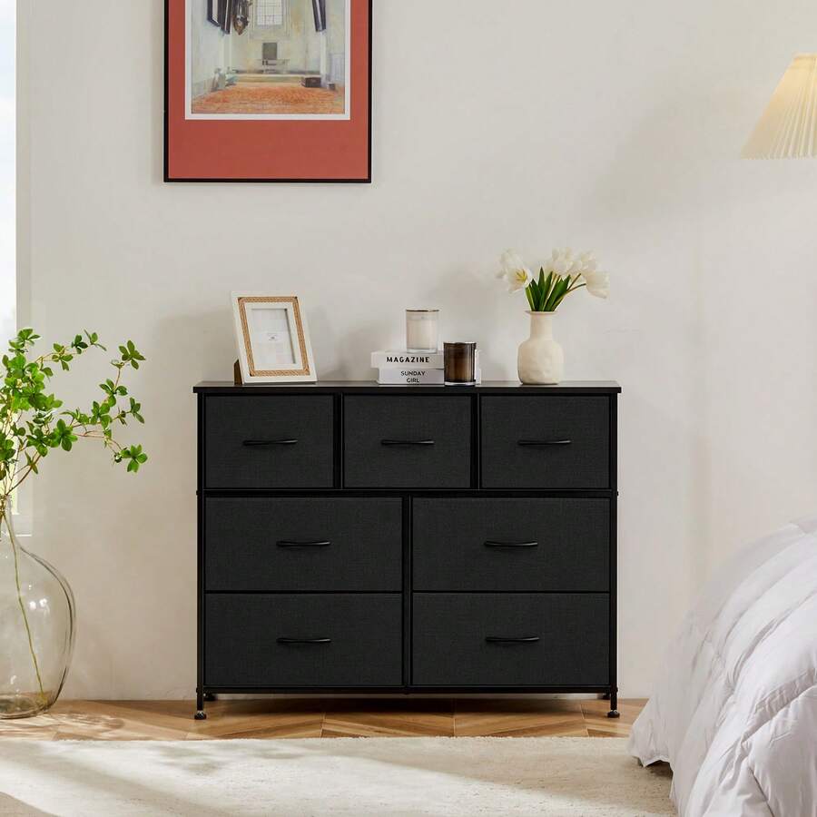 Schlafzimmer Kommode mit 7 Stoffschubladen, Hoher Aufbewahrungsturm für Kinderzimmer, Kleidung Organizer Schrank aus Metallrahmen & Holzplatte, Leichte Kinderzimmermöbel - Schwarz - Übersicht 1